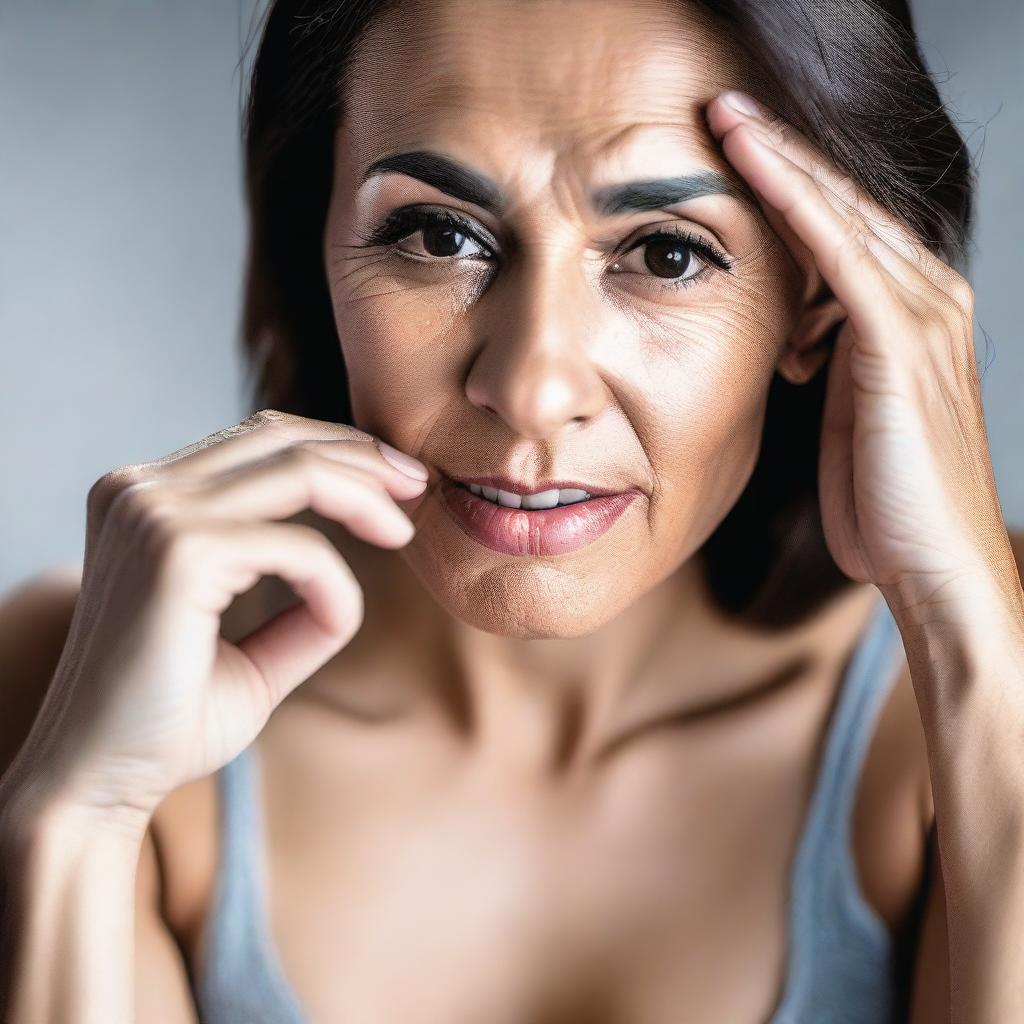 A 45-year-old woman wearing underwear, looking at the viewer seductively while sucking on her finger