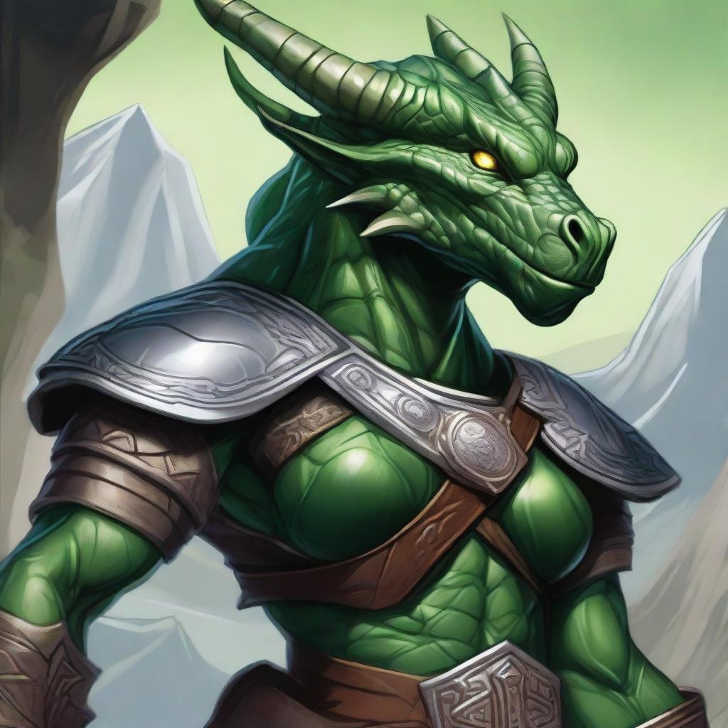 A detailed illustration of a female Dragonborn character from Dungeons & Dragons