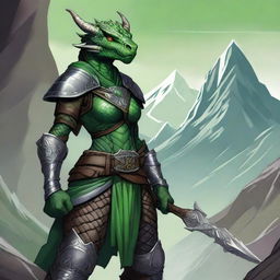 A detailed illustration of a female Dragonborn character from Dungeons & Dragons