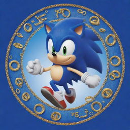 Sonic the Hedgehog dashing through a spiraling flurry of 100 small golden rings, adorned with the words 'I Ran Through 100 Days of School' designed in autism print.