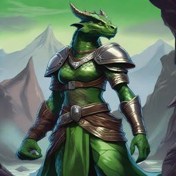 A detailed illustration of a female Dragonborn character from Dungeons & Dragons