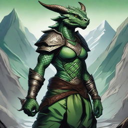 A detailed illustration of a female Dragonborn character from Dungeons & Dragons