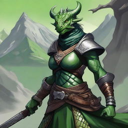 A detailed illustration of a female Dragonborn character from Dungeons & Dragons