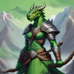 A detailed illustration of a female Dragonborn character from Dungeons & Dragons