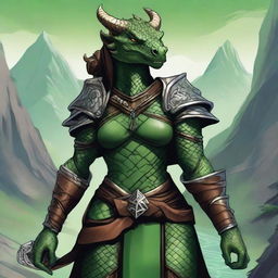 A detailed illustration of a female Dragonborn character from Dungeons & Dragons