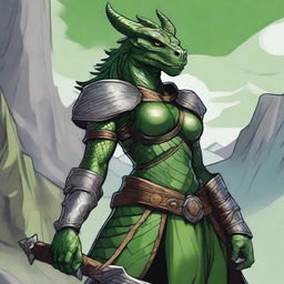 A detailed illustration of a female Dragonborn character from Dungeons & Dragons