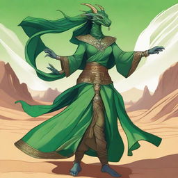 A detailed illustration of a female Dragonborn character from Dungeons & Dragons