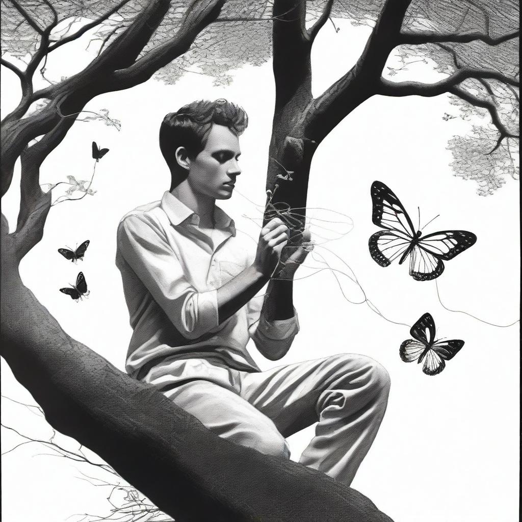 A black and white image of a man reclining on a tree, holding two threads in his hand