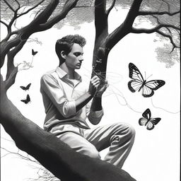 A black and white image of a man reclining on a tree, holding two threads in his hand