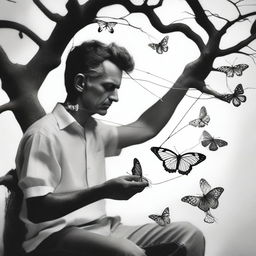 A black and white image of a man reclining on a tree, holding two threads in his hand