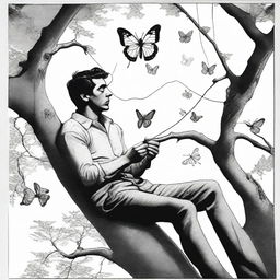 A black and white image of a man reclining on a tree, holding two threads in his hand