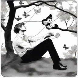 A black and white image of a man reclining on a tree, holding two threads in his hand