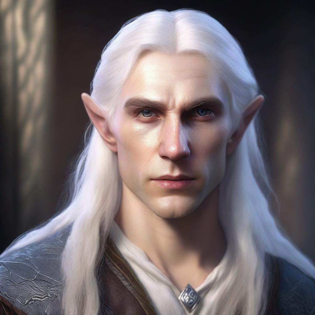 A highly detailed and realistic portrait of a young male half-elf with long white hair and white eyes