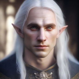 A highly detailed and realistic portrait of a young male half-elf with long white hair and white eyes