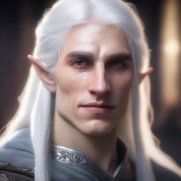 A highly detailed and realistic portrait of a young male half-elf with long white hair and white eyes
