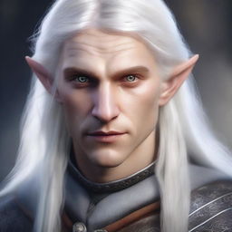 A highly detailed and realistic portrait of a young male half-elf with long white hair and white eyes