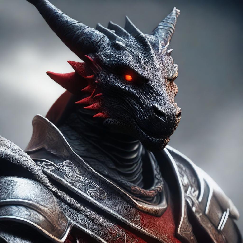 A highly detailed and realistic portrait of a young black dragonborn with white and red accents