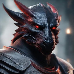 A highly detailed and realistic portrait of a young black dragonborn with white and red accents