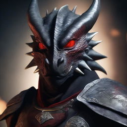 A highly detailed and realistic portrait of a young black dragonborn with white and red accents