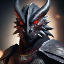 A highly detailed and realistic portrait of a young black dragonborn with white and red accents