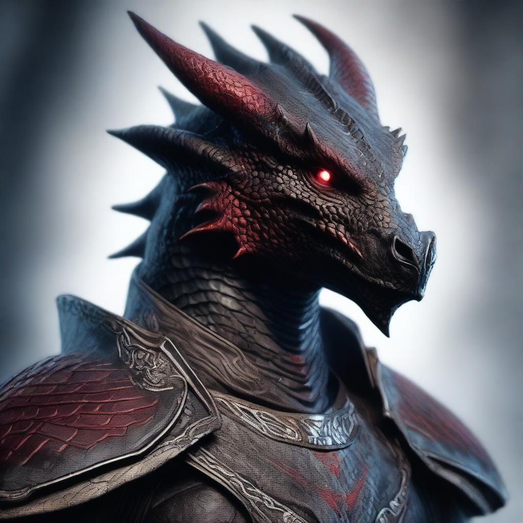 A highly detailed and realistic portrait of a young black dragonborn with white and red accents