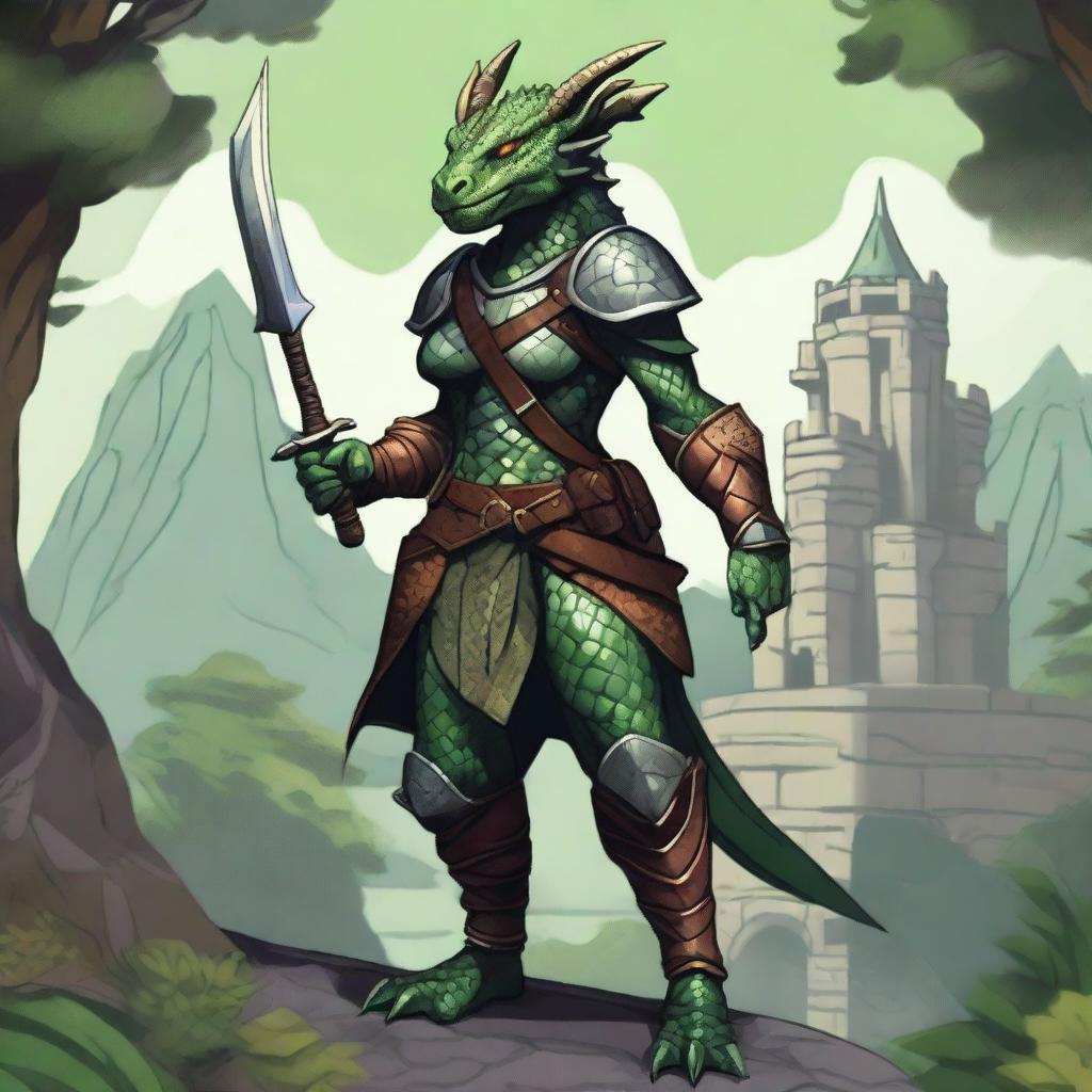 A detailed illustration of a female Dragonborn character from Dungeons & Dragons