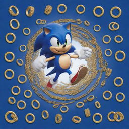 Sonic the Hedgehog dashing through a spiraling flurry of 100 small golden rings, adorned with the words 'I Ran Through 100 Days of School' designed in autism print.