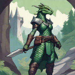 A detailed illustration of a female Dragonborn character from Dungeons & Dragons