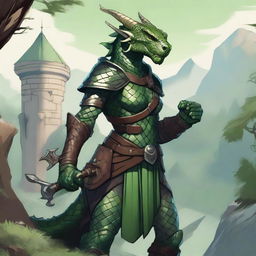 A detailed illustration of a female Dragonborn character from Dungeons & Dragons