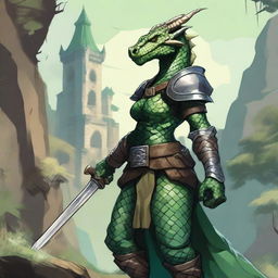 A detailed illustration of a female Dragonborn character from Dungeons & Dragons