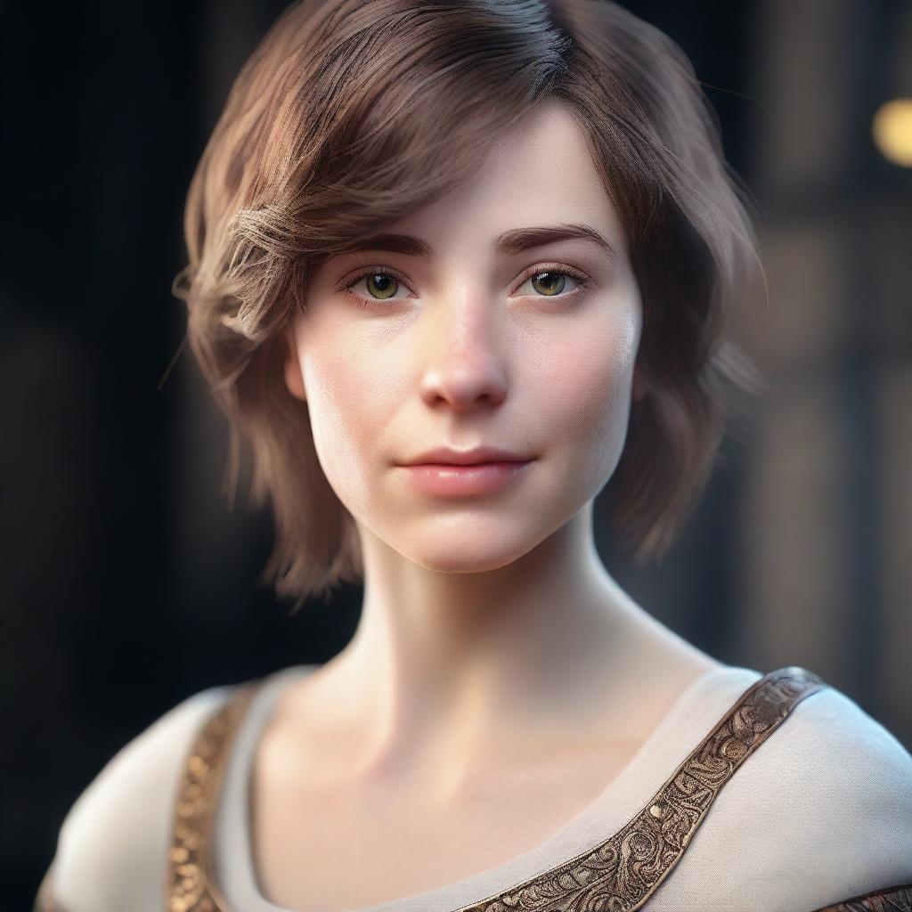 A detailed and realistic portrait of a young human with short brown hair and glowing white eyes