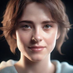 A detailed and realistic portrait of a young human with short brown hair and glowing white eyes