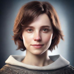 A detailed and realistic portrait of a young human with short brown hair and glowing white eyes