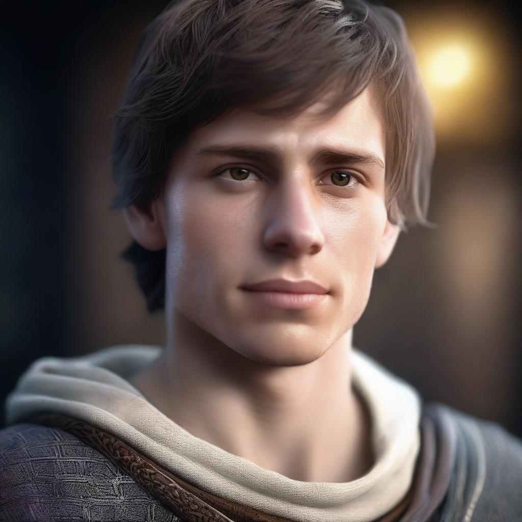 A detailed and realistic portrait of a young male human with short brown hair and glowing white eyes