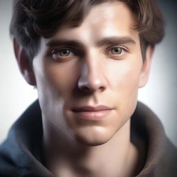 A detailed and realistic portrait of a young male human with short brown hair and glowing white eyes