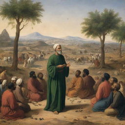 Prophet Sulaiman, also known as Solomon, in communication with a crowd of ants, in a serene and ancient landscape.