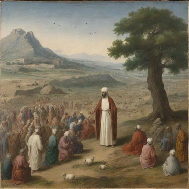 Prophet Sulaiman, also known as Solomon, in communication with a crowd of ants, in a serene and ancient landscape.