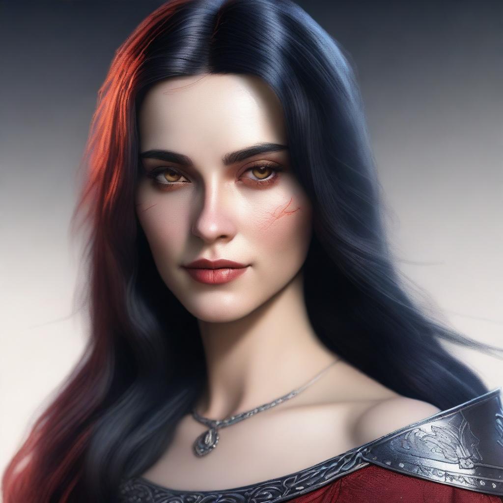 A detailed and realistic portrait of a young beautiful woman with long black hair featuring red highlights and red eyes