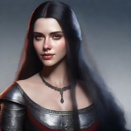 A detailed and realistic portrait of a young beautiful woman with long black hair featuring red highlights and red eyes