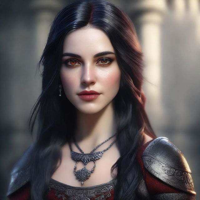 A detailed and realistic portrait of a young beautiful woman with long black hair featuring red highlights and red eyes