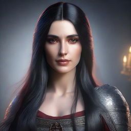 A detailed and realistic portrait of a young beautiful woman with long black hair featuring red highlights and red eyes