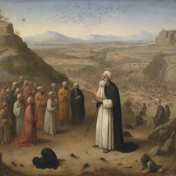 Prophet Sulaiman, also known as Solomon, in communication with a crowd of ants, in a serene and ancient landscape.