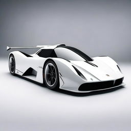 A modern supercar inspired by 90s Group C racecars and prototype Le Mans vehicles, featuring a sleek white color and a long tail design