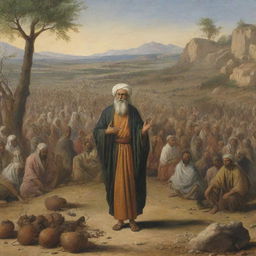 Prophet Sulaiman, also known as Solomon, in communication with a crowd of ants, in a serene and ancient landscape.