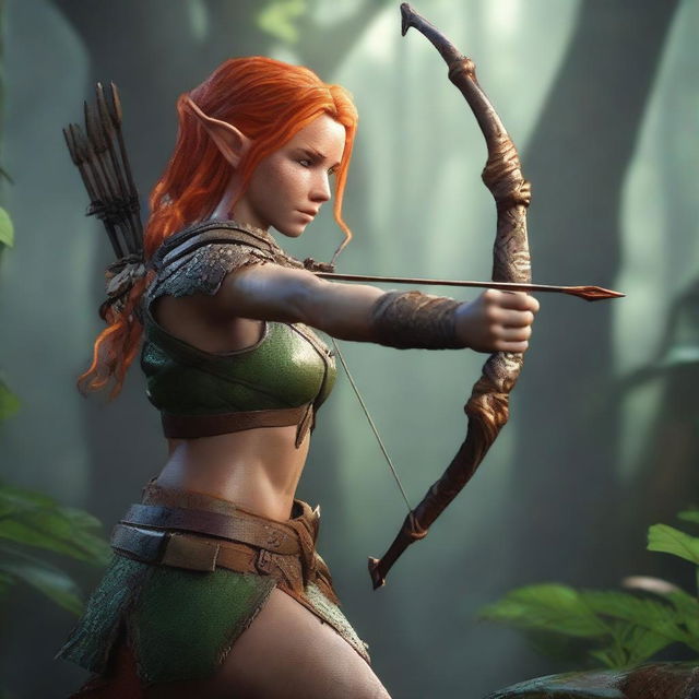 A detailed and realistic scene featuring an elf with orange hair, acting as a ranger, attempting to shoot with a bow and arrow in a jungle setting