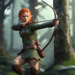 A detailed and realistic scene featuring an elf with orange hair, acting as a ranger, attempting to shoot with a bow and arrow in a jungle setting