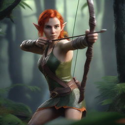 A detailed and realistic scene featuring an elf with orange hair, acting as a ranger, attempting to shoot with a bow and arrow in a jungle setting