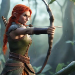 A detailed and realistic scene featuring an elf with orange hair, acting as a ranger, attempting to shoot with a bow and arrow in a jungle setting