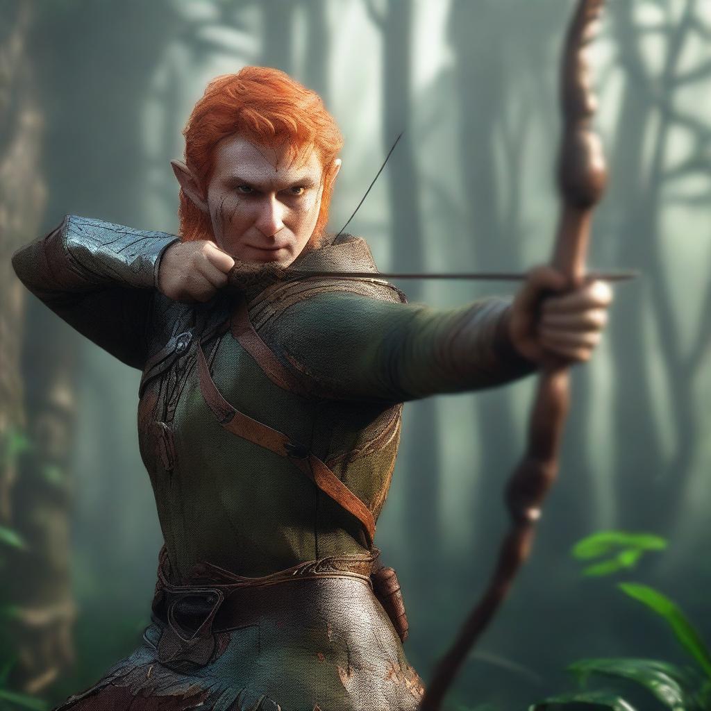 A detailed and realistic scene featuring a male elf with orange hair, acting as a ranger, attempting to shoot with a bow and arrow in a jungle setting