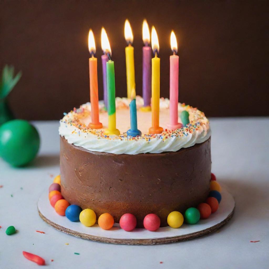 A beautifully decorated, festive Happy Birthday cake for Dendi, topped with colorful candles and enveloped in a festive ambiance.